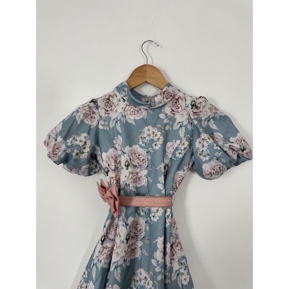 Peppermint Floral Dress Kids Size 6-7Y Blue Pink Vintage Puff Sleeve Bow Sash - Picture 4 of 7